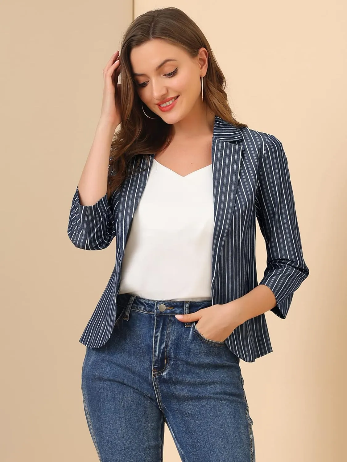 Allegra K Women's Striped Open Front Work Office 3/4 Sleeves Casual Notched Lapel Blazer
