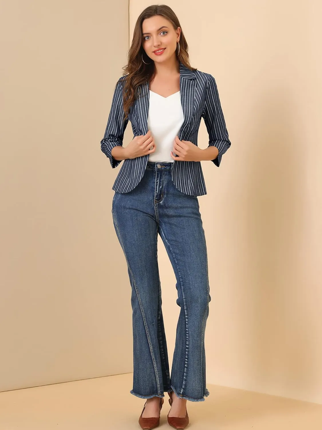 Allegra K Women's Striped Open Front Work Office 3/4 Sleeves Casual Notched Lapel Blazer