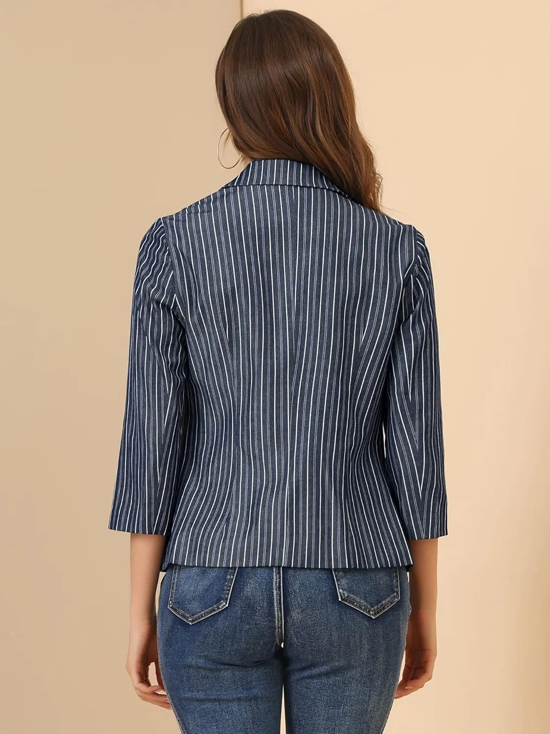 Allegra K Women's Striped Open Front Work Office 3/4 Sleeves Casual Notched Lapel Blazer
