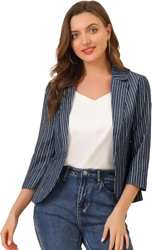 Allegra K Women's Striped Open Front Work Office 3/4 Sleeves Casual Notched Lapel Blazer