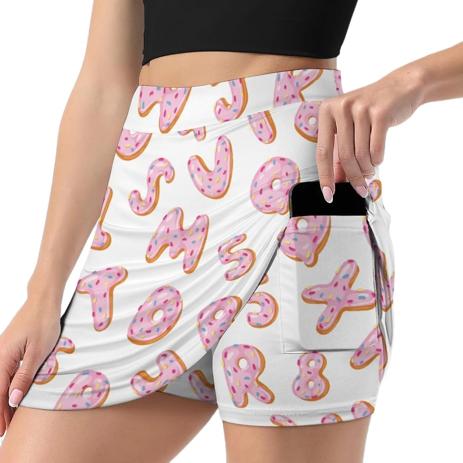 Alphabetical Doughnuts with Glazed Women's Mini Tennis Skirt with Shorts Underneath Athletic Workout Cute Skorts