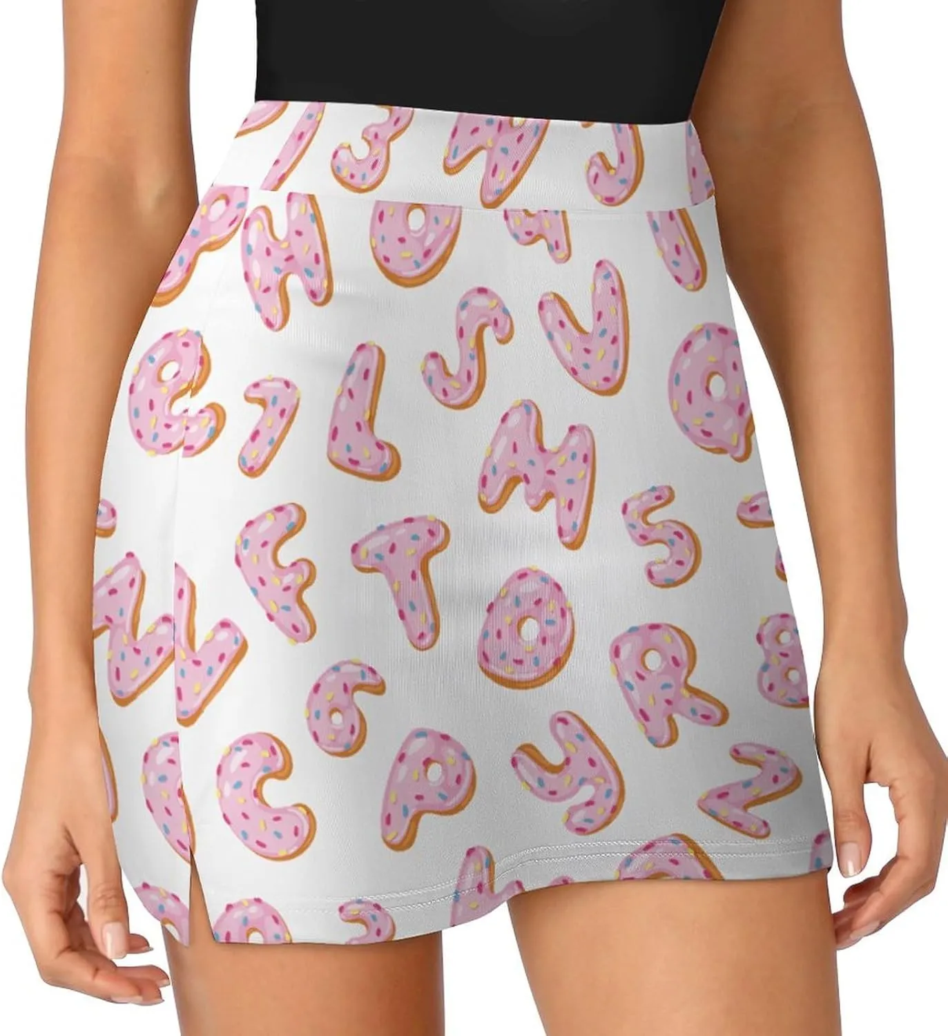 Alphabetical Doughnuts with Glazed Women's Mini Tennis Skirt with Shorts Underneath Athletic Workout Cute Skorts