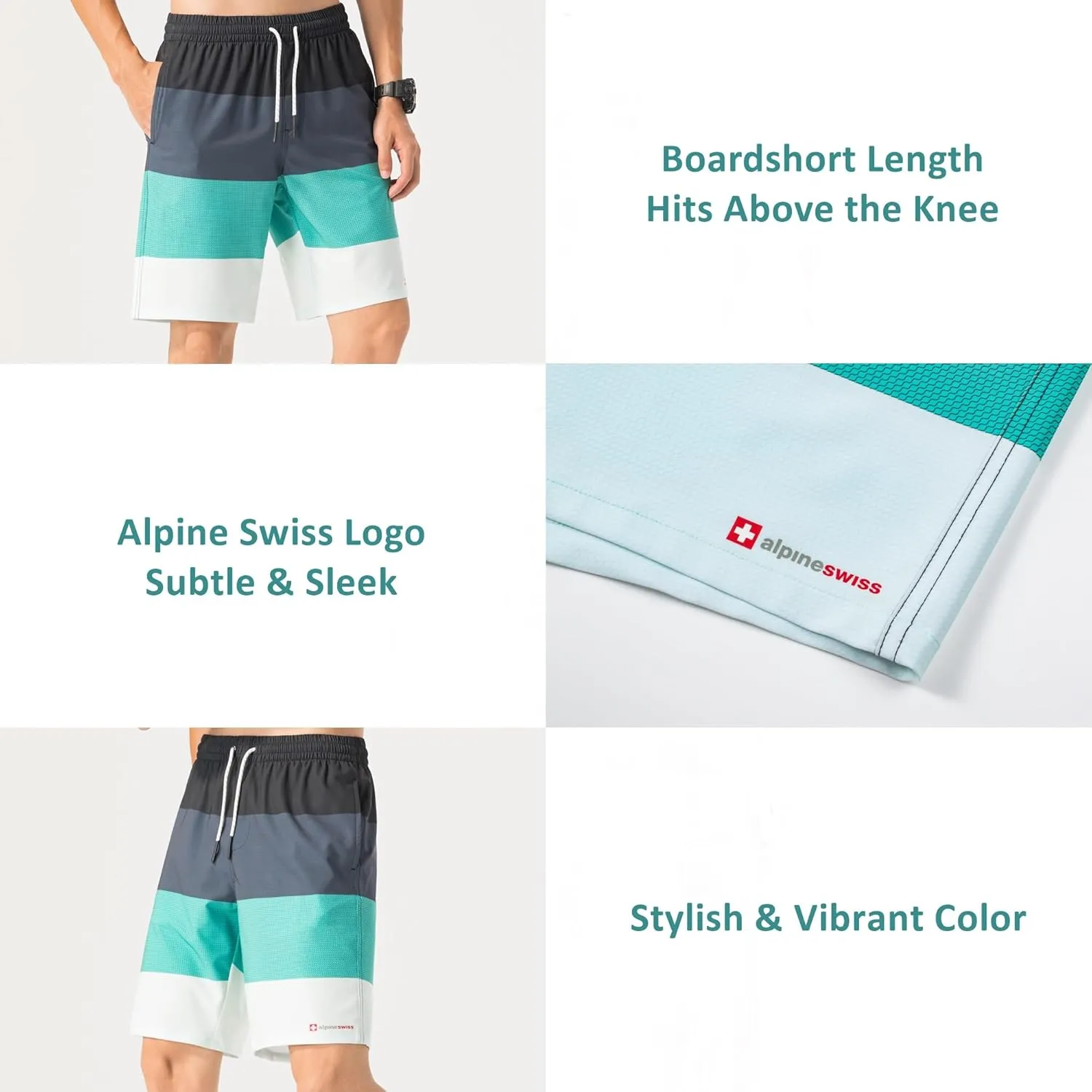Alpine Swiss Mens Swim Shorts Beach Trunks Boardshorts Volley Shorts Quick Dry Swimwear