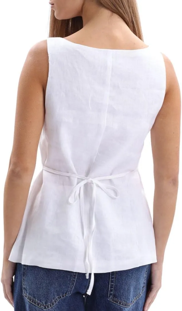 Amazhiyu Women's 100% Linen Square Neck Vest Tops Button Up Sleeveless Waistcoat