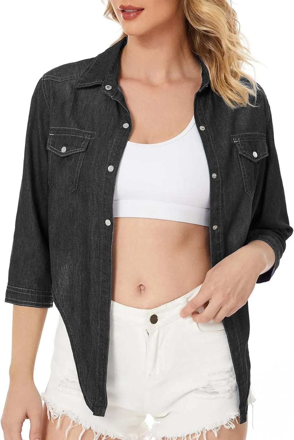 American Trends Women's Denim Shirt 3/4 Sleeve Tie Front Top Knot Chambray Cardigan Button Shirt Jean Crop Top Jacket