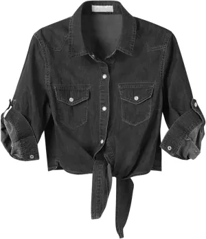 American Trends Women's Denim Shirt 3/4 Sleeve Tie Front Top Knot Chambray Cardigan Button Shirt Jean Crop Top Jacket