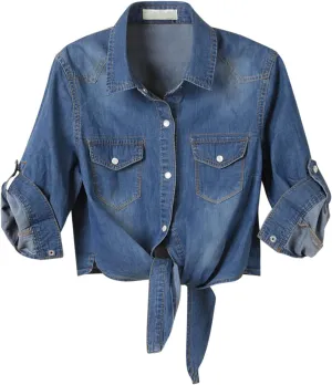 American Trends Women's Denim Shirt 3/4 Sleeve Tie Front Top Knot Chambray Cardigan Button Shirt Jean Crop Top Jacket