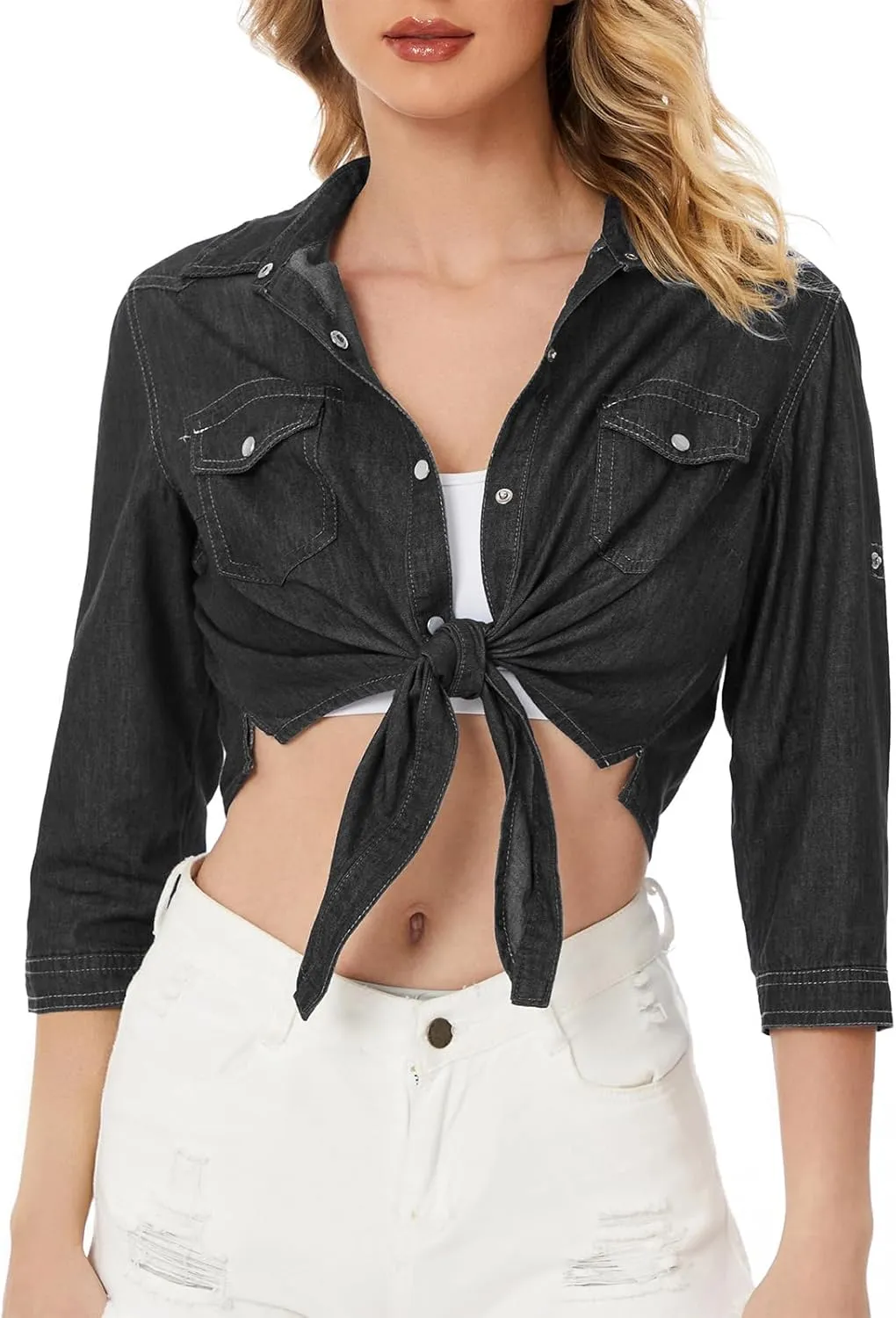 American Trends Women's Denim Shirt 3/4 Sleeve Tie Front Top Knot Chambray Cardigan Button Shirt Jean Crop Top Jacket