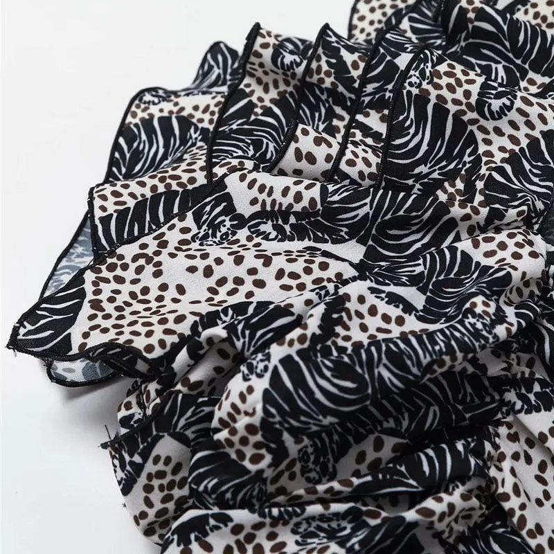 ANIMAL PRINT RUFFLED CROPPED BLOUSE