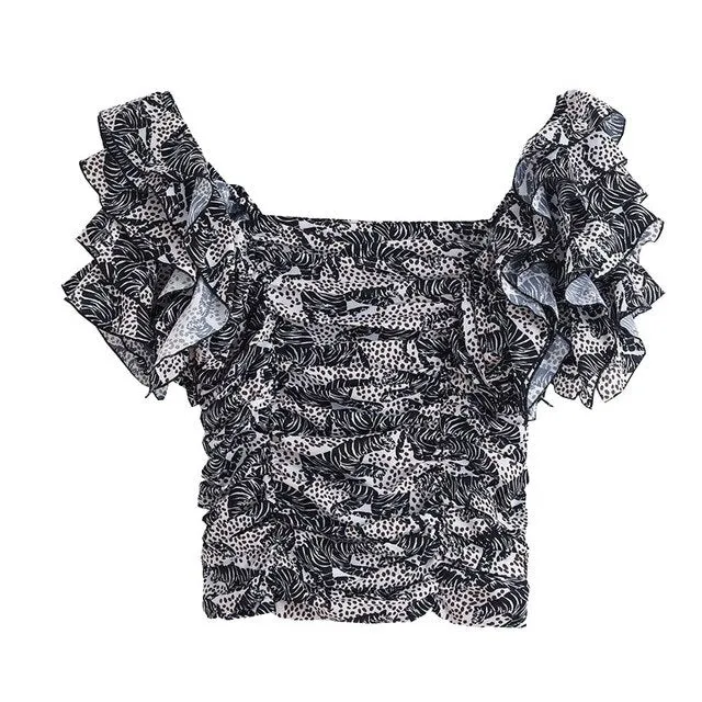 ANIMAL PRINT RUFFLED CROPPED BLOUSE