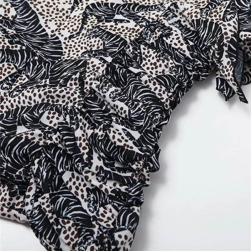 ANIMAL PRINT RUFFLED CROPPED BLOUSE