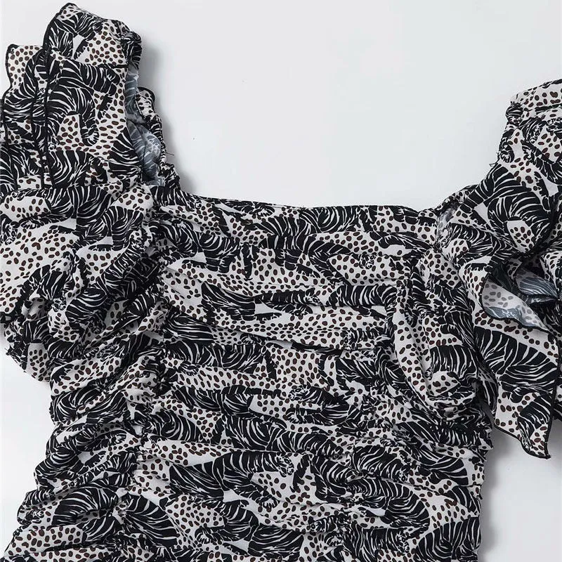 ANIMAL PRINT RUFFLED CROPPED BLOUSE