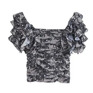 ANIMAL PRINT RUFFLED CROPPED BLOUSE