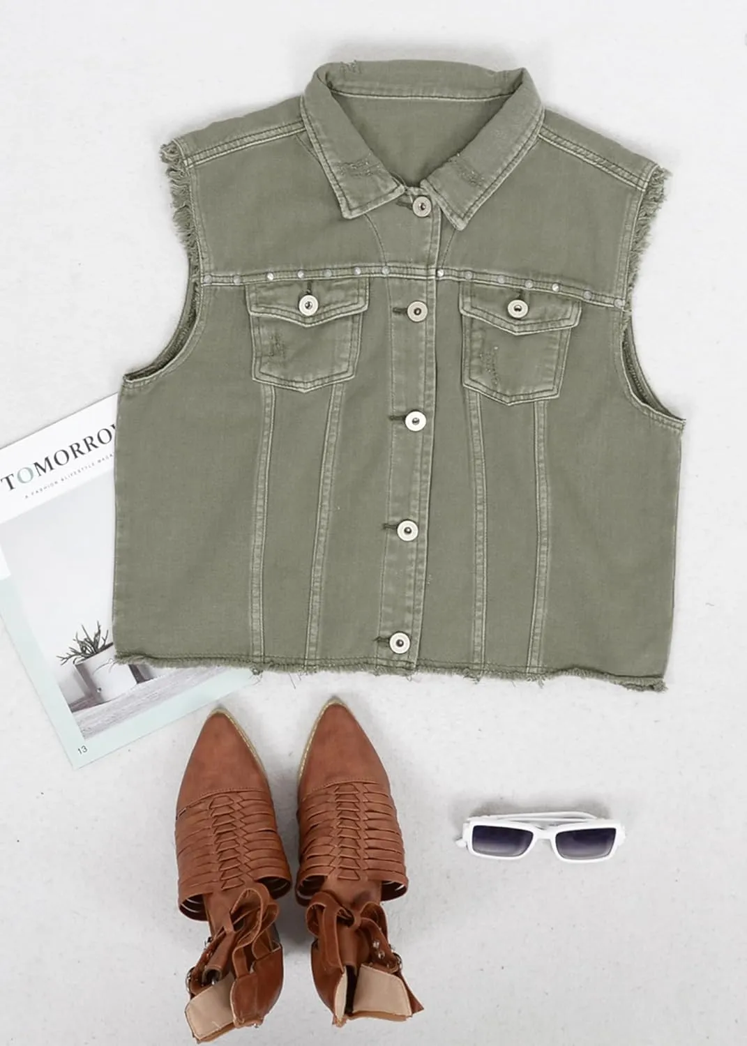 Anna-Kaci Women's Cropped Denim Vest Sleeveless Cotton Rivet Fitted Jean Vest Jacket
