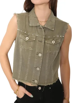 Anna-Kaci Women's Cropped Denim Vest Sleeveless Cotton Rivet Fitted Jean Vest Jacket