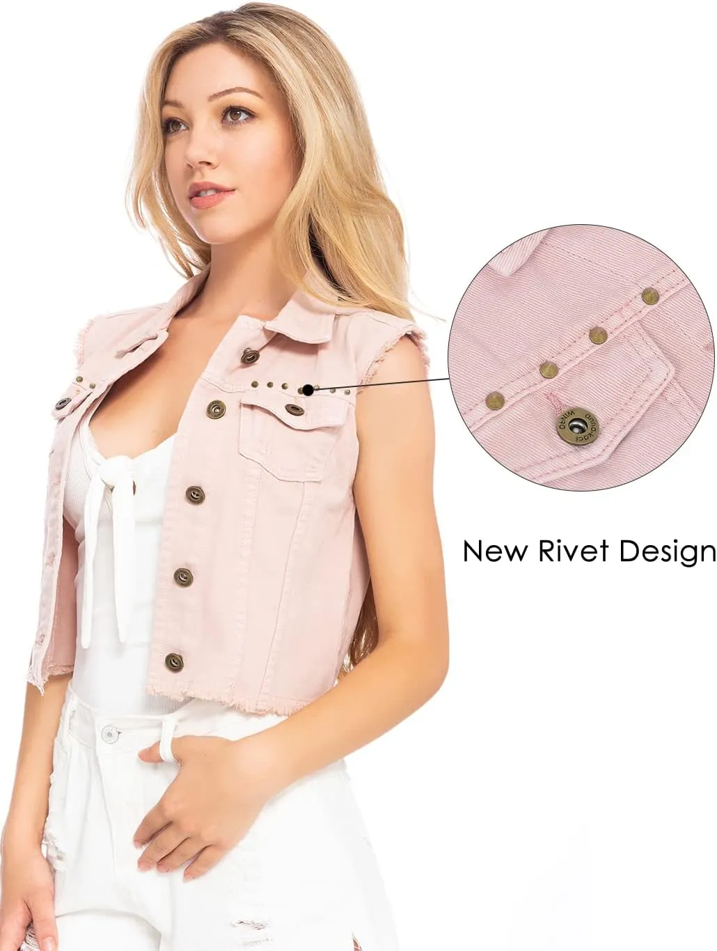 Anna-Kaci Women's Cropped Denim Vest Sleeveless Cotton Rivet Fitted Jean Vest Jacket