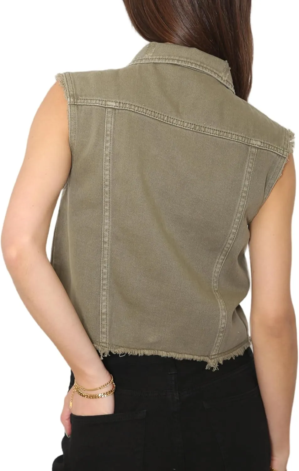 Anna-Kaci Women's Cropped Denim Vest Sleeveless Cotton Rivet Fitted Jean Vest Jacket