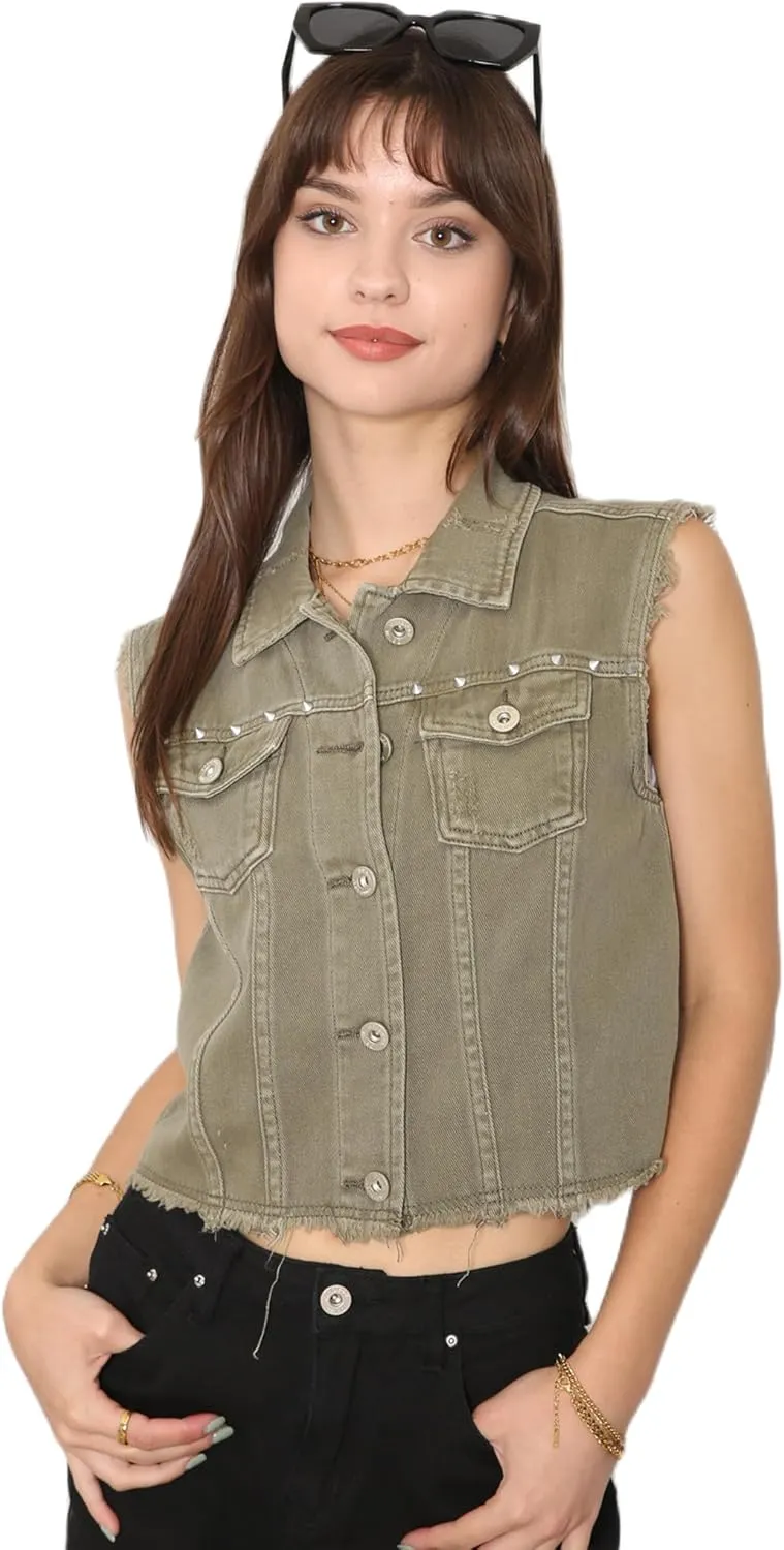 Anna-Kaci Women's Cropped Denim Vest Sleeveless Cotton Rivet Fitted Jean Vest Jacket