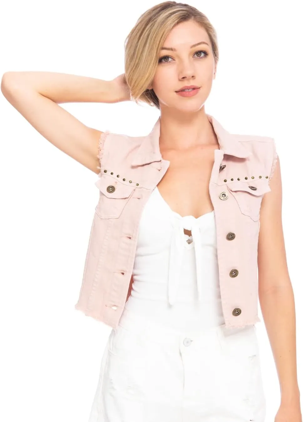 Anna-Kaci Women's Cropped Denim Vest Sleeveless Cotton Rivet Fitted Jean Vest Jacket