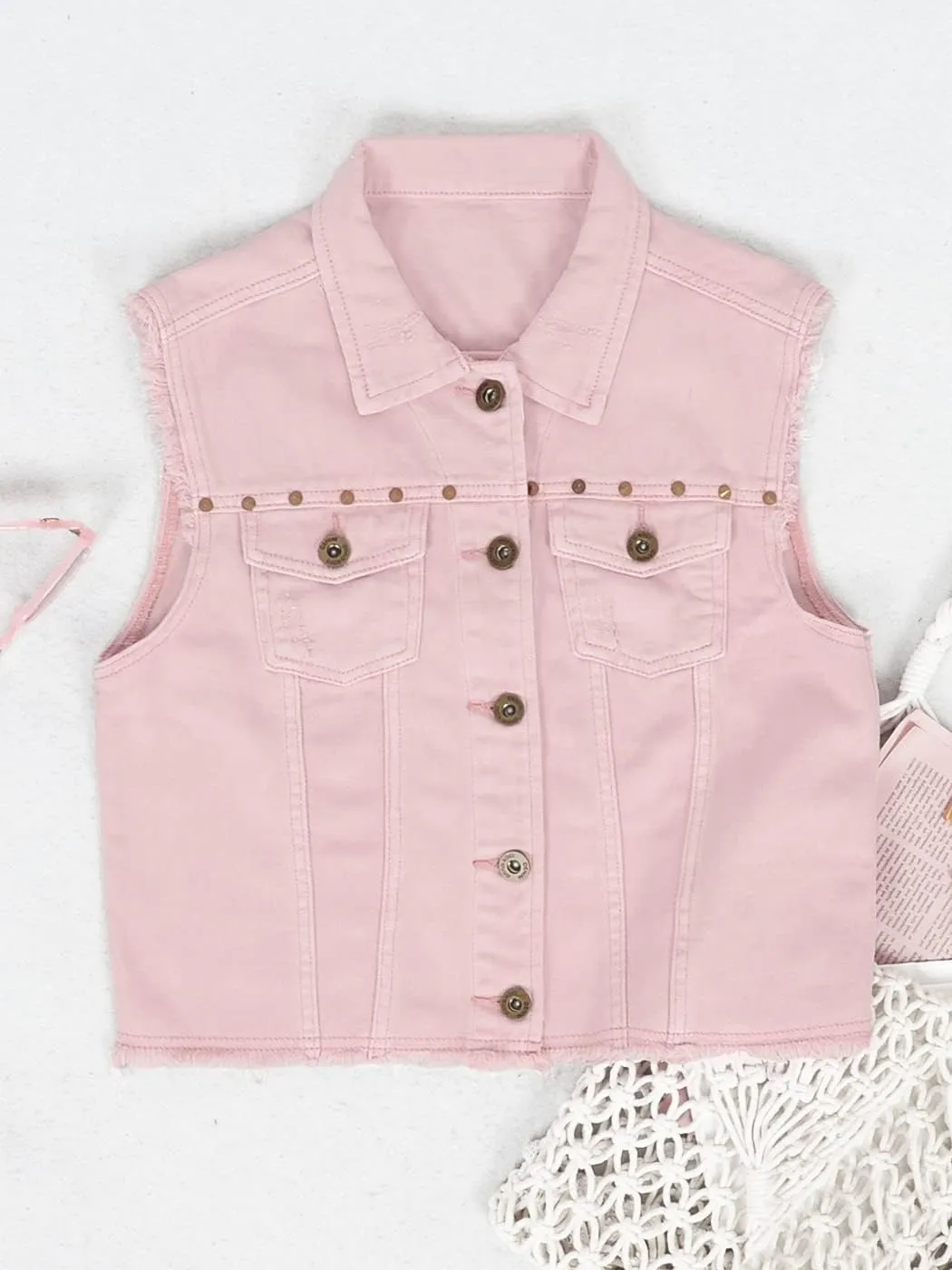 Anna-Kaci Women's Cropped Denim Vest Sleeveless Cotton Rivet Fitted Jean Vest Jacket