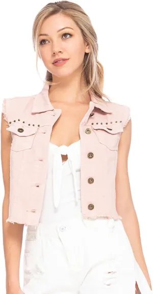 Anna-Kaci Women's Cropped Denim Vest Sleeveless Cotton Rivet Fitted Jean Vest Jacket