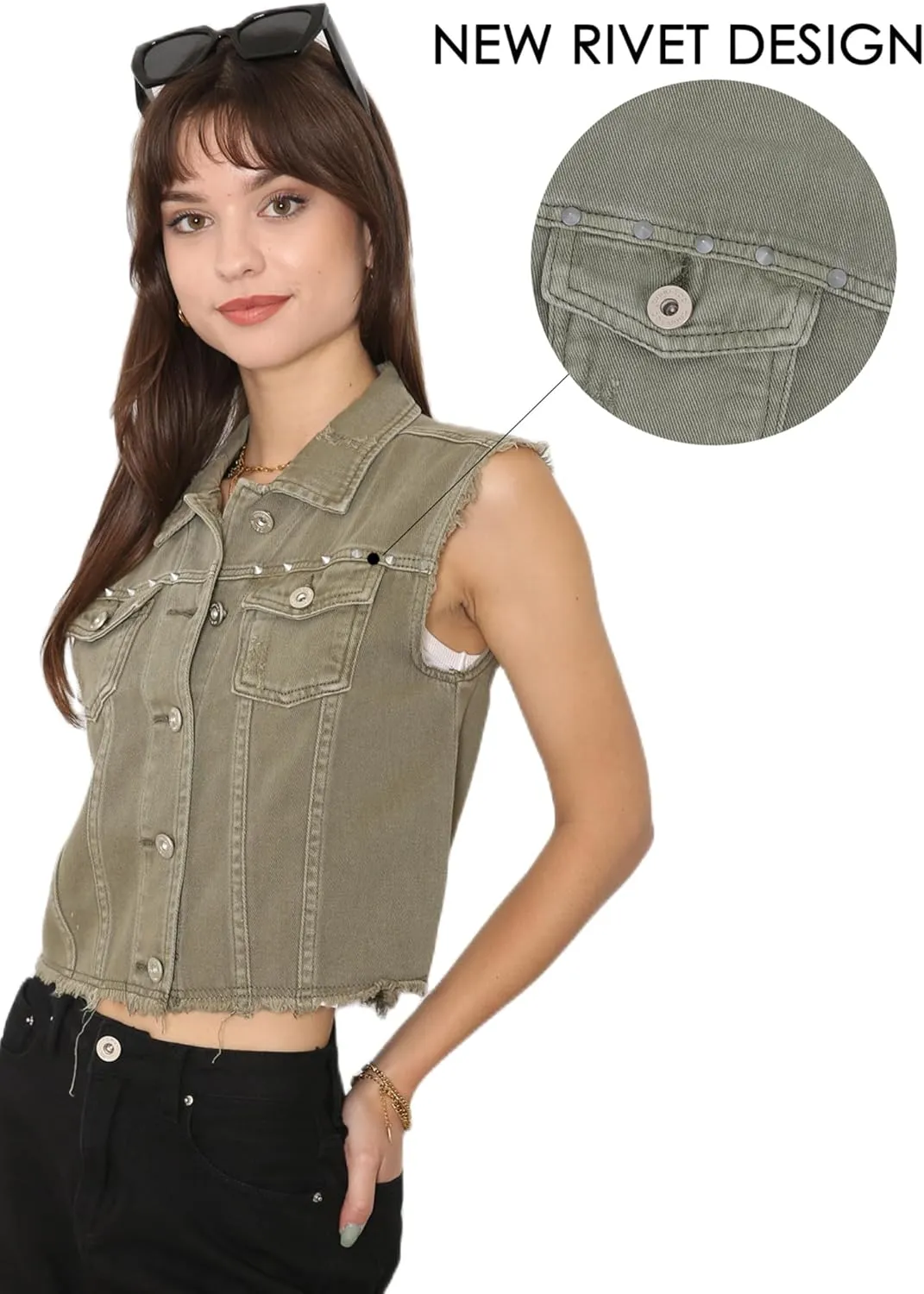 Anna-Kaci Women's Cropped Denim Vest Sleeveless Cotton Rivet Fitted Jean Vest Jacket