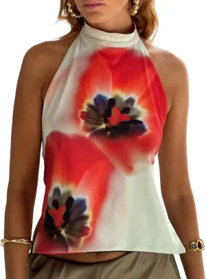 Aonoapll Women Y2k Floral Print Halter Top Backless Sleeveless Mock Neck Tank Top Open Back Going Out Vest Tops