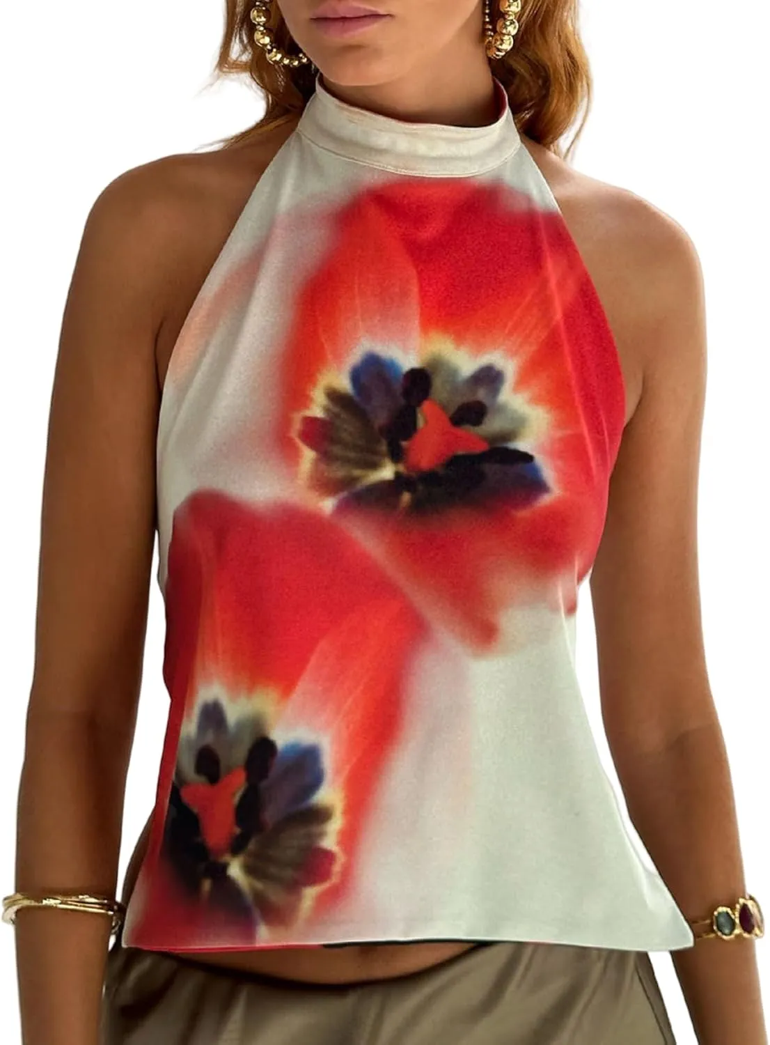 Aonoapll Women Y2k Floral Print Halter Top Backless Sleeveless Mock Neck Tank Top Open Back Going Out Vest Tops