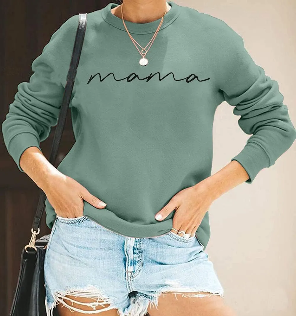 ASTANFY Womens Crewneck Sweatshirt Mama Letter Print Long Sleeve Loose Fashion Pullover Top