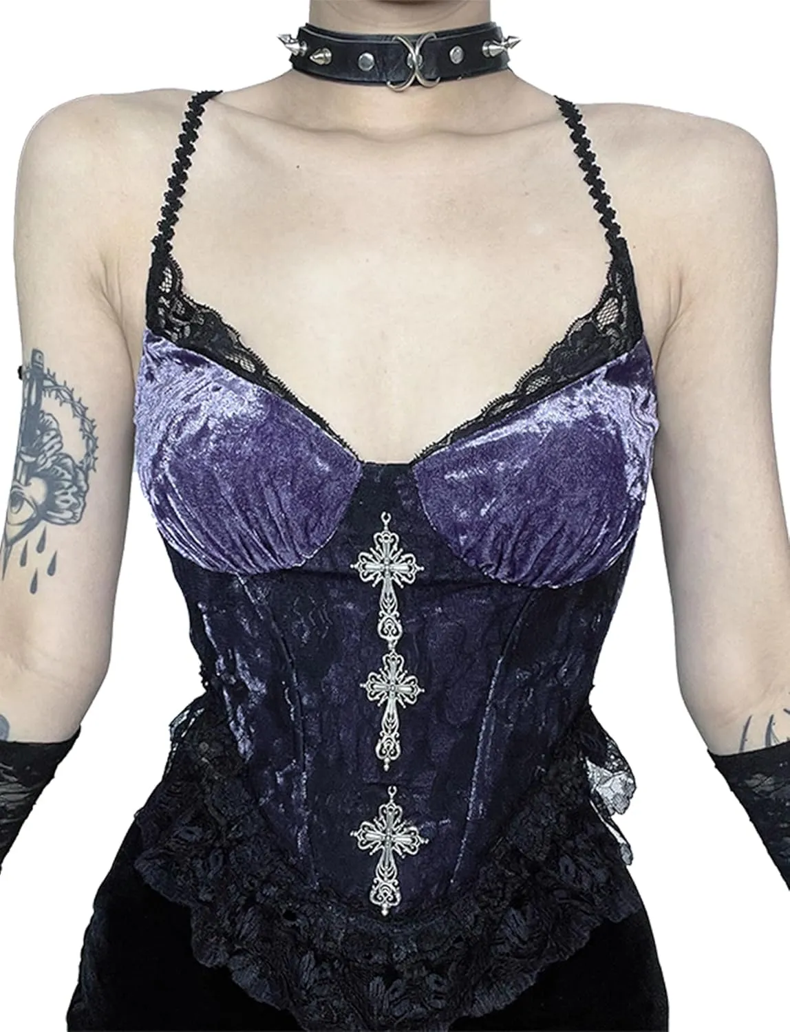 AUBIG Gothic Tank Top Crop Top Women Punk Camisole Sleeveless Shirt Lace Alt Emo Girl Blouse Streetwear Workout T-Shirt