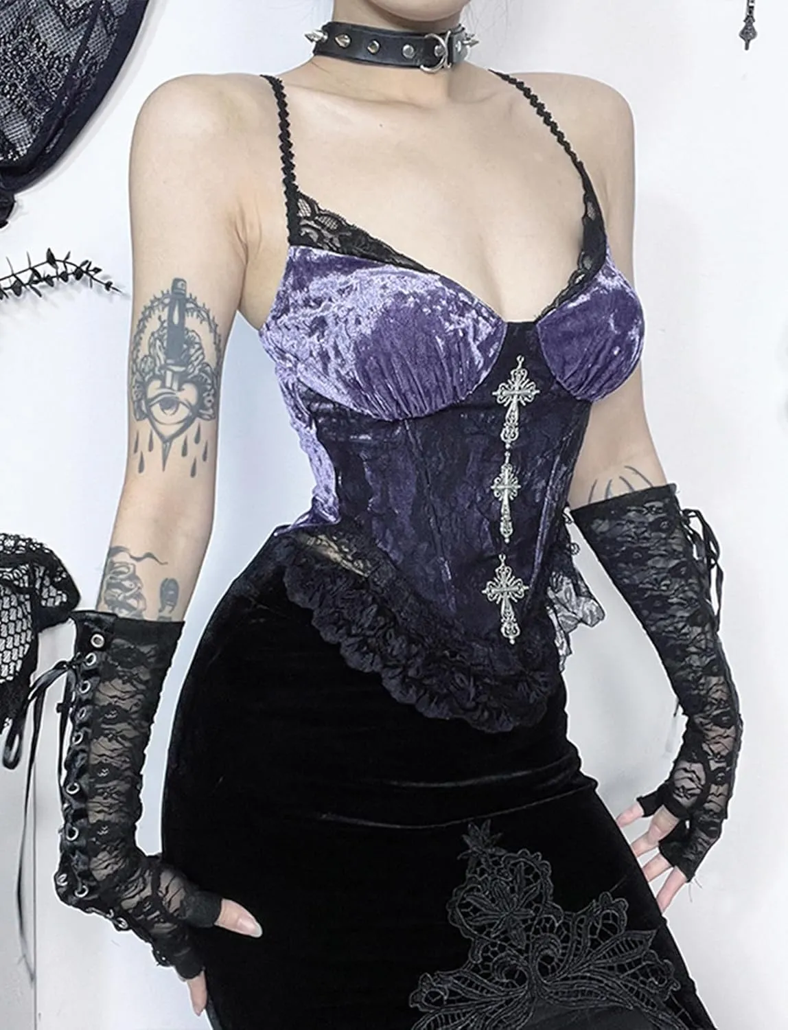 AUBIG Gothic Tank Top Crop Top Women Punk Camisole Sleeveless Shirt Lace Alt Emo Girl Blouse Streetwear Workout T-Shirt