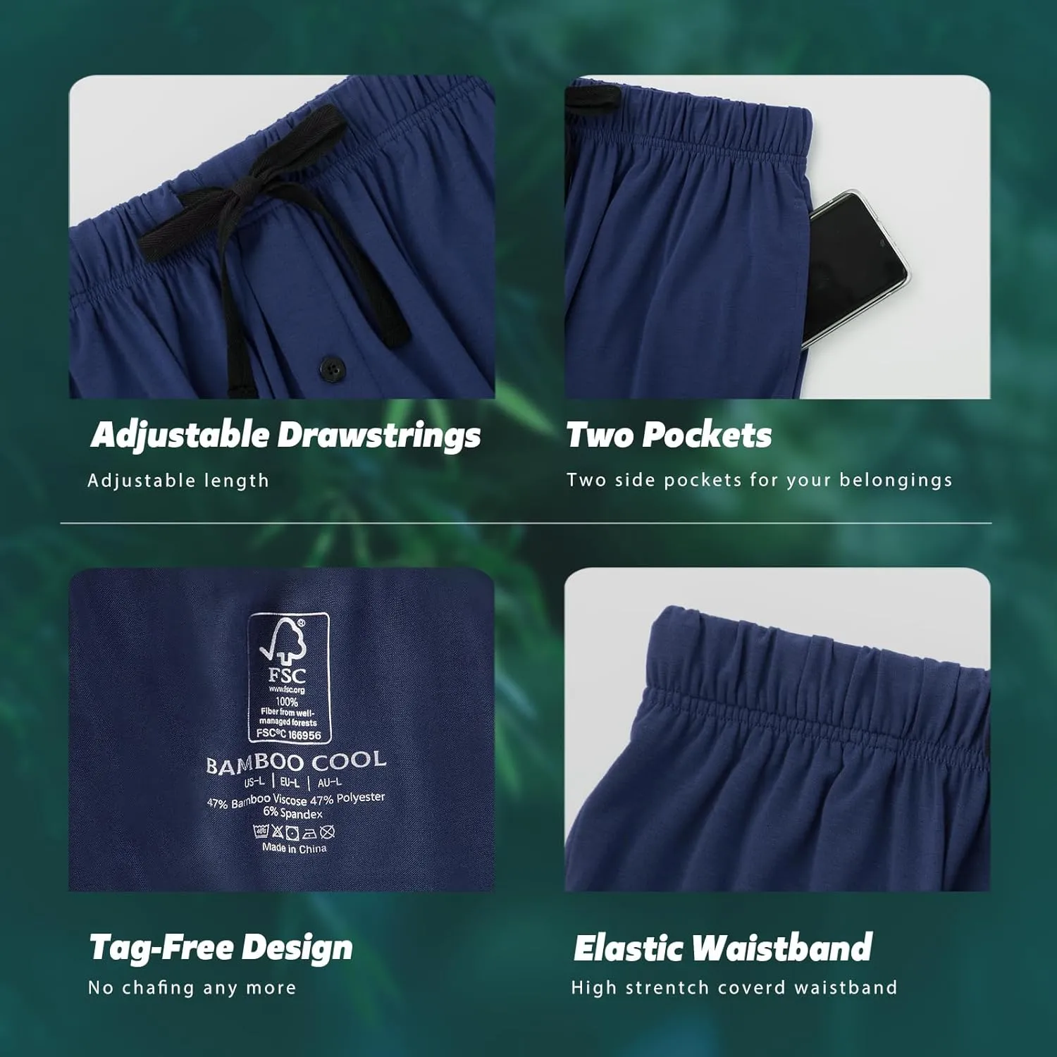 BAMBOO COOL Mens Pajama Shorts Soft Sleep Shorts Comfy Lounge Pajama Bottoms with Pockets