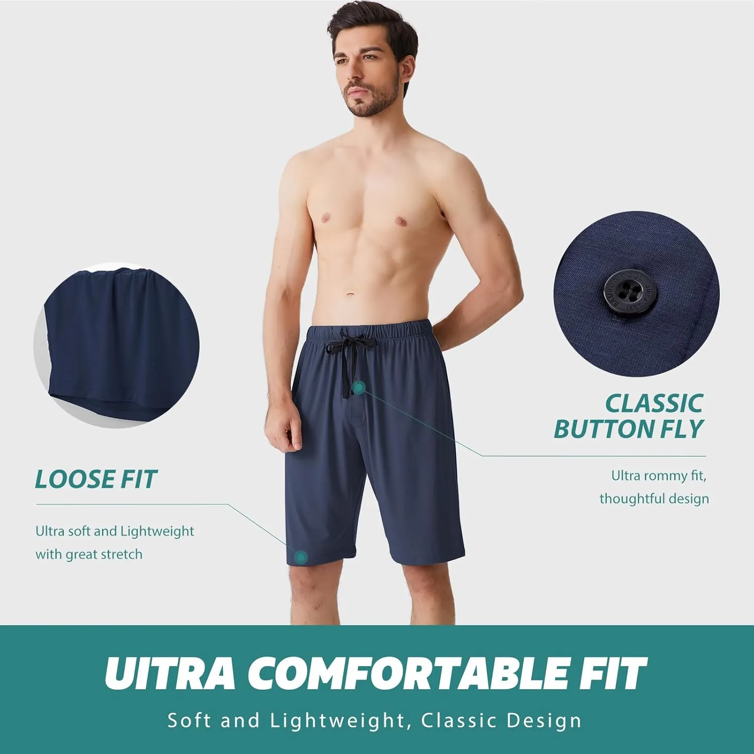 BAMBOO COOL Mens Pajama Shorts Soft Sleep Shorts Comfy Lounge Pajama Bottoms with Pockets