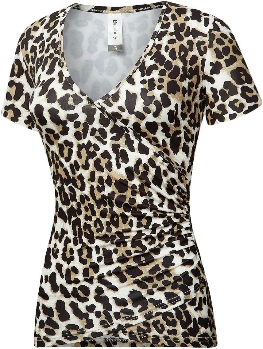 Beauhuty Women's Top Deep V Neck Slim Fitted T-Shirt Front Wrap Ruched Short Sleeve Tee