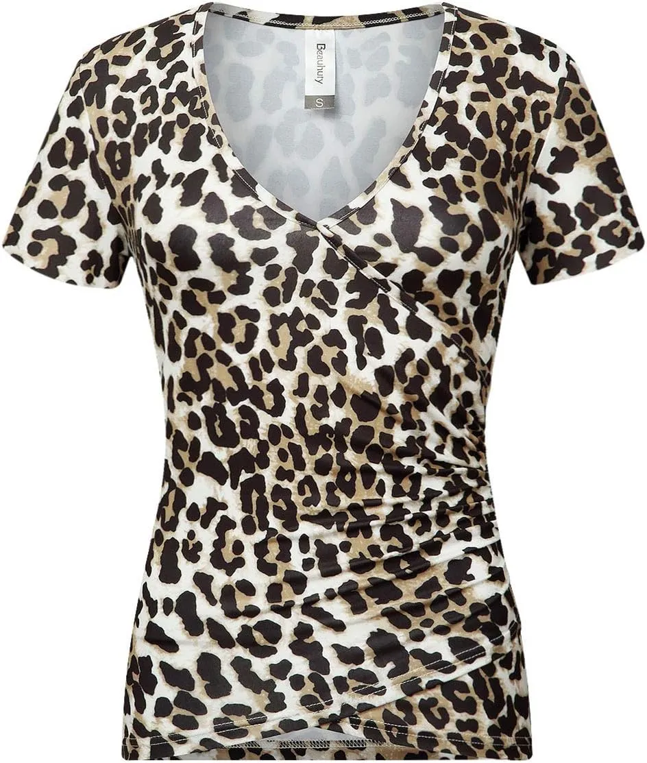 Beauhuty Women's Top Deep V Neck Slim Fitted T-Shirt Front Wrap Ruched Short Sleeve Tee