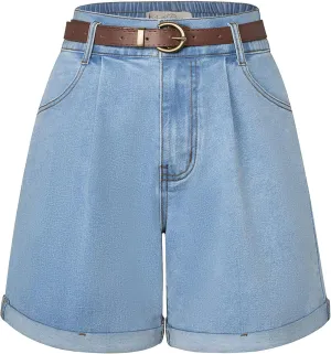 Belle Poque Women Demin Shorts High Waisted Wide Leg Jean Shorts with Pockets