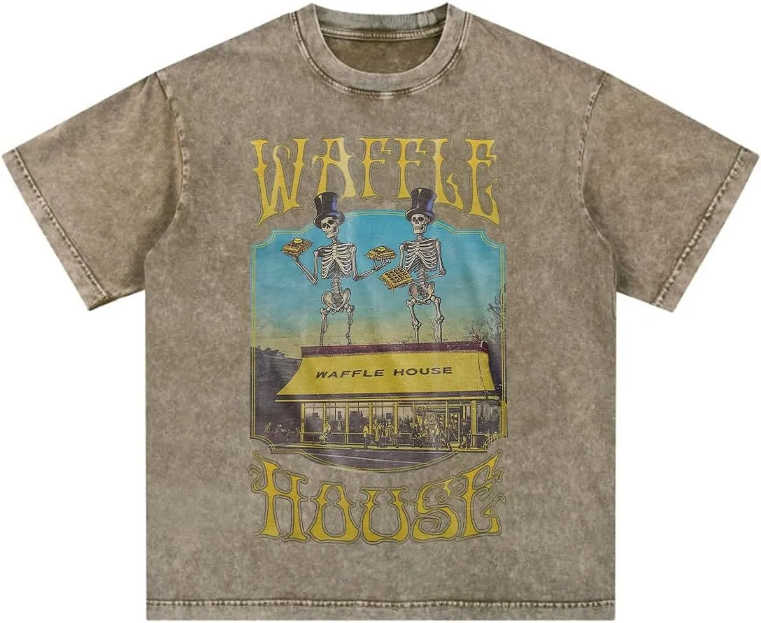 Bellelement Waffle House Vintage Acid Wash T-Shirt Hip Hop Tee Tops