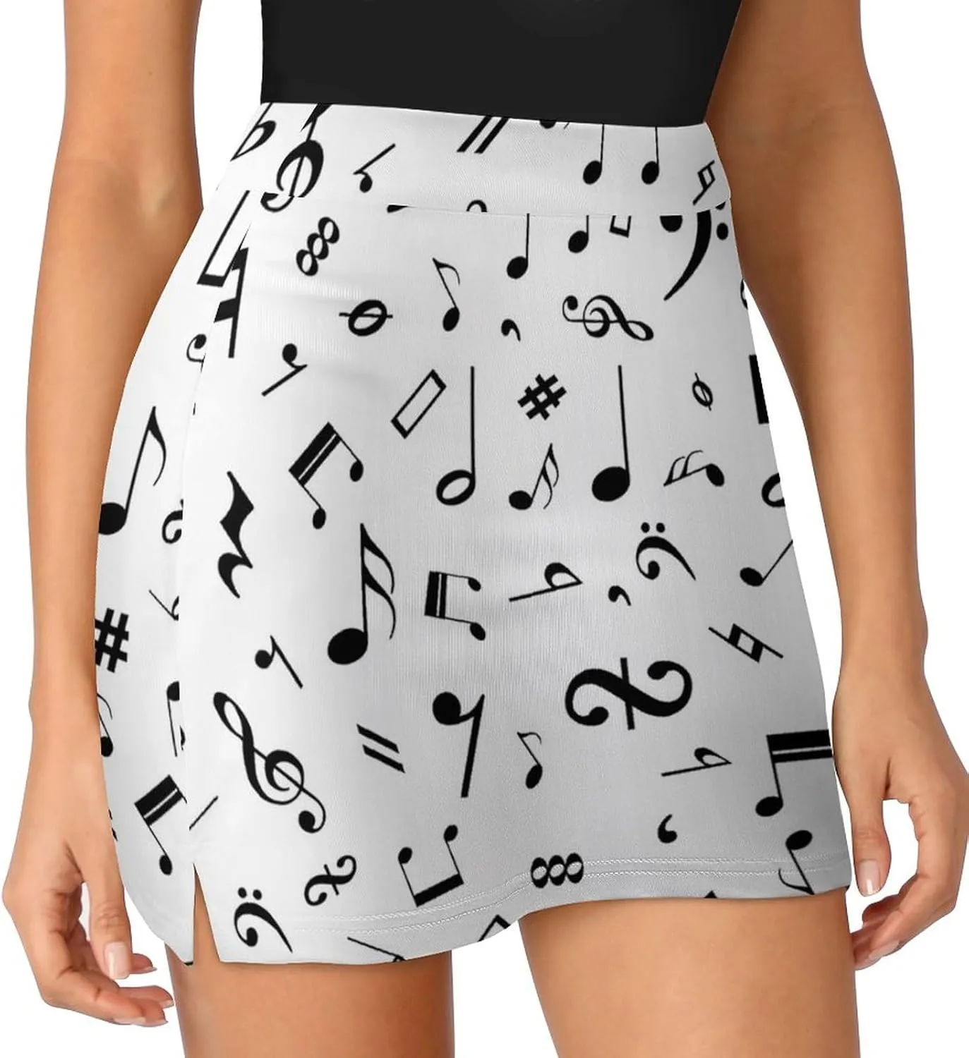 Black and White Music Notes Women's Mini Tennis Skirt with Shorts Underneath Athletic Workout Cute Skorts