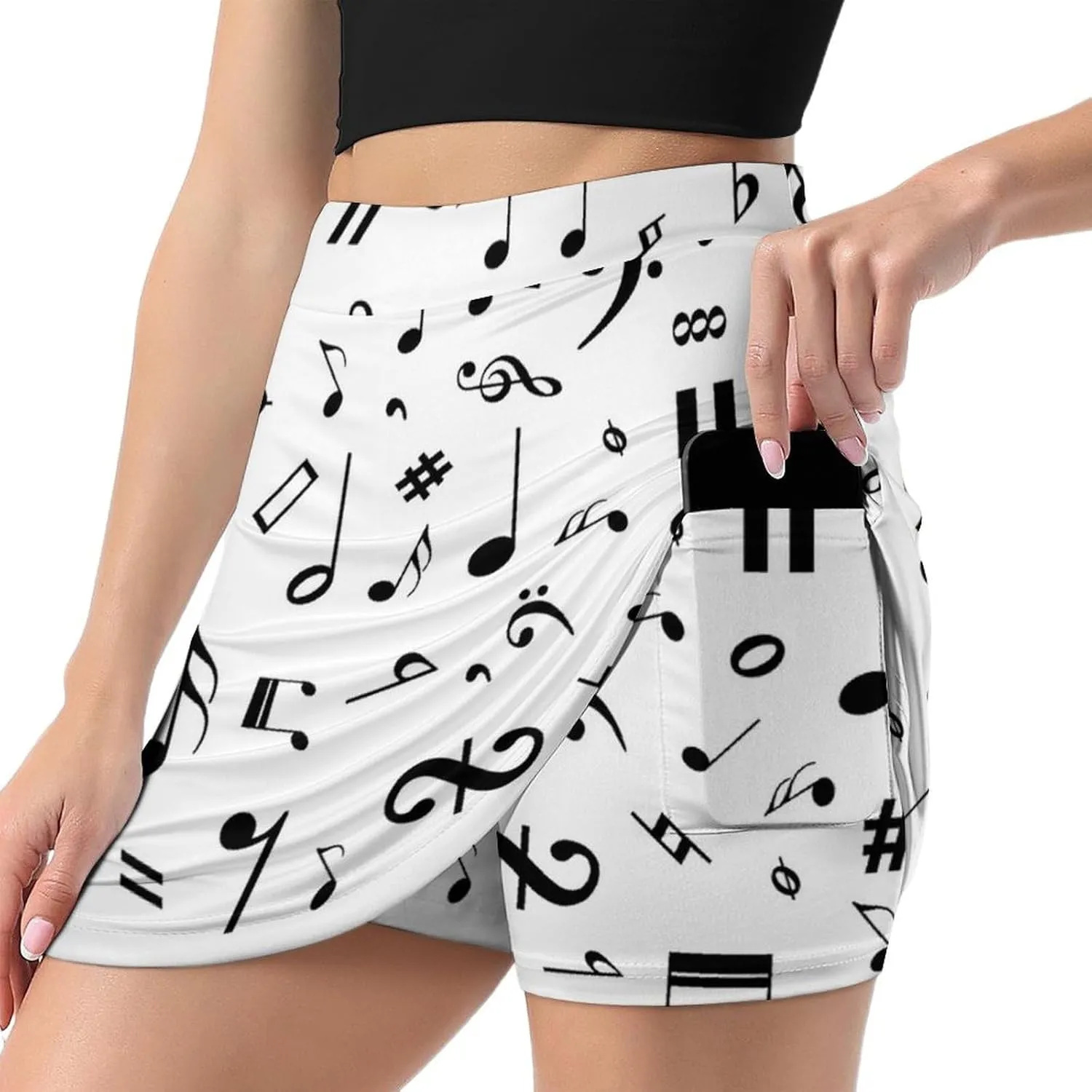 Black and White Music Notes Women's Mini Tennis Skirt with Shorts Underneath Athletic Workout Cute Skorts