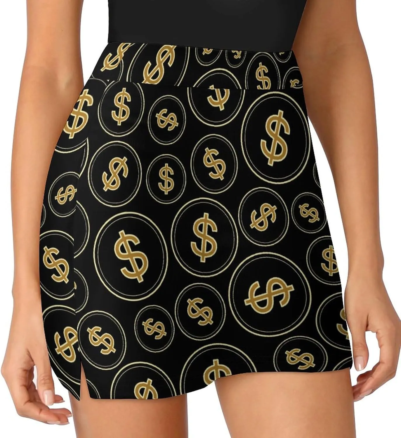 Black Gold Dollars Women's Mini Tennis Skirt with Shorts Underneath Athletic Workout Cute Skorts