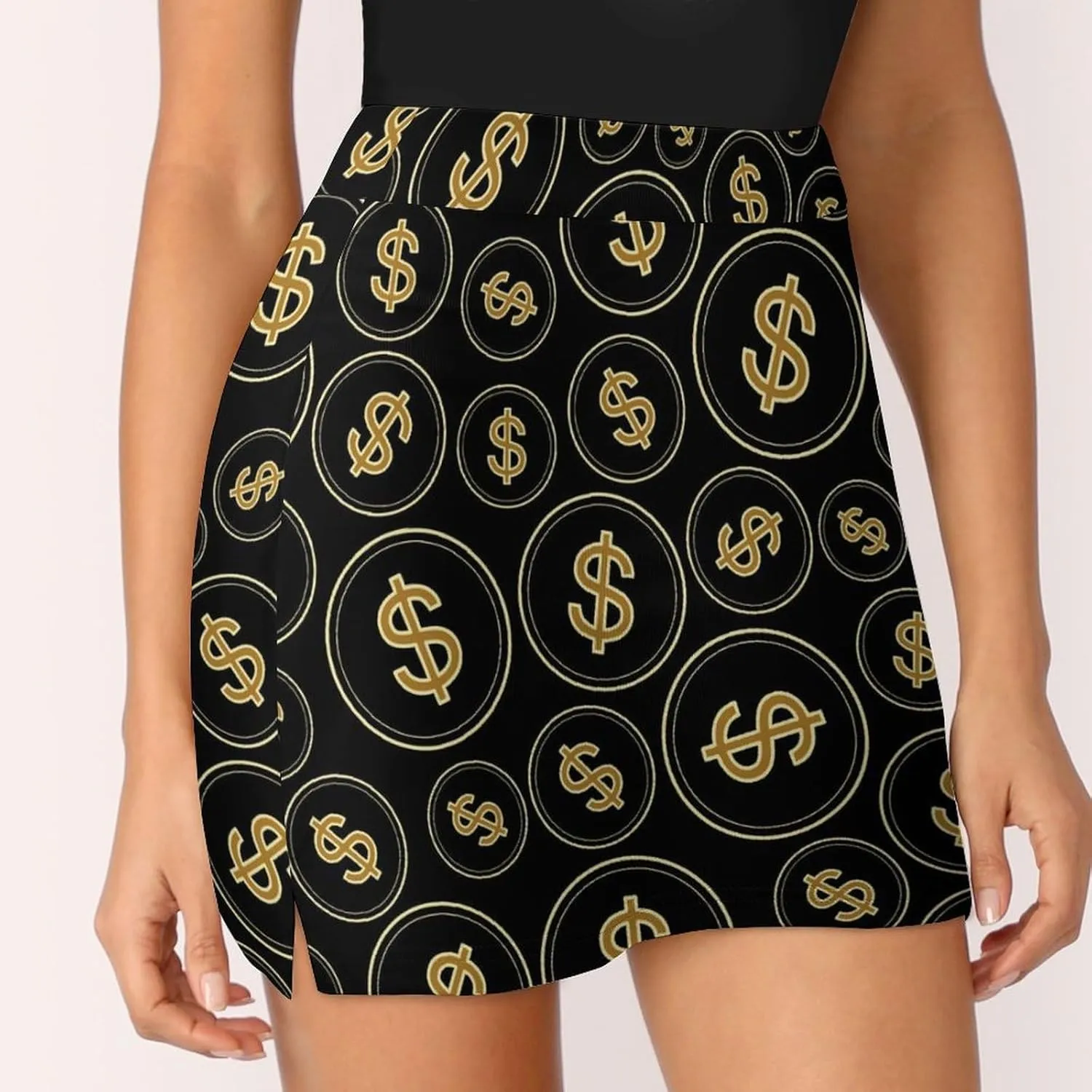 Black Gold Dollars Women's Mini Tennis Skirt with Shorts Underneath Athletic Workout Cute Skorts