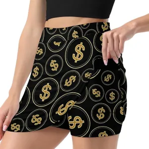 Black Gold Dollars Women's Mini Tennis Skirt with Shorts Underneath Athletic Workout Cute Skorts