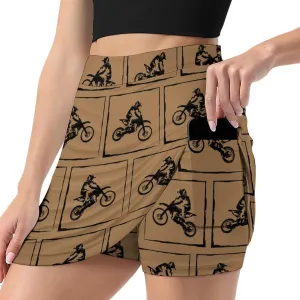 Black Motocross Sport Pattern Women's Mini Tennis Skirt with Shorts Underneath Athletic Workout Cute Skorts