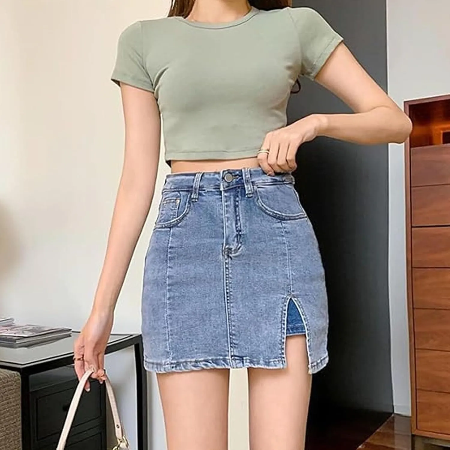 Bloomy Skorts,Bloomy Jean Skorts,Bloomyskorts,Women's High Waisted Jean Shorts Stretchy Denim Mini Skirt Side Slit