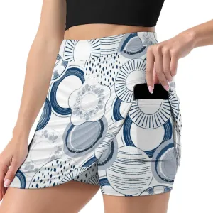 Blue and White Ceramic Porcelain Women's Mini Tennis Skirt with Shorts Underneath Athletic Workout Cute Skorts