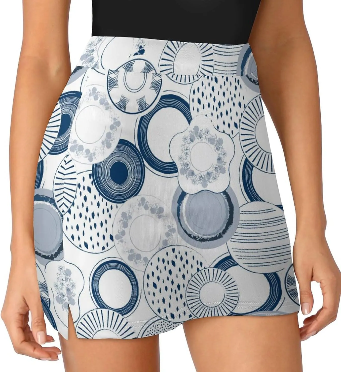 Blue and White Ceramic Porcelain Women's Mini Tennis Skirt with Shorts Underneath Athletic Workout Cute Skorts