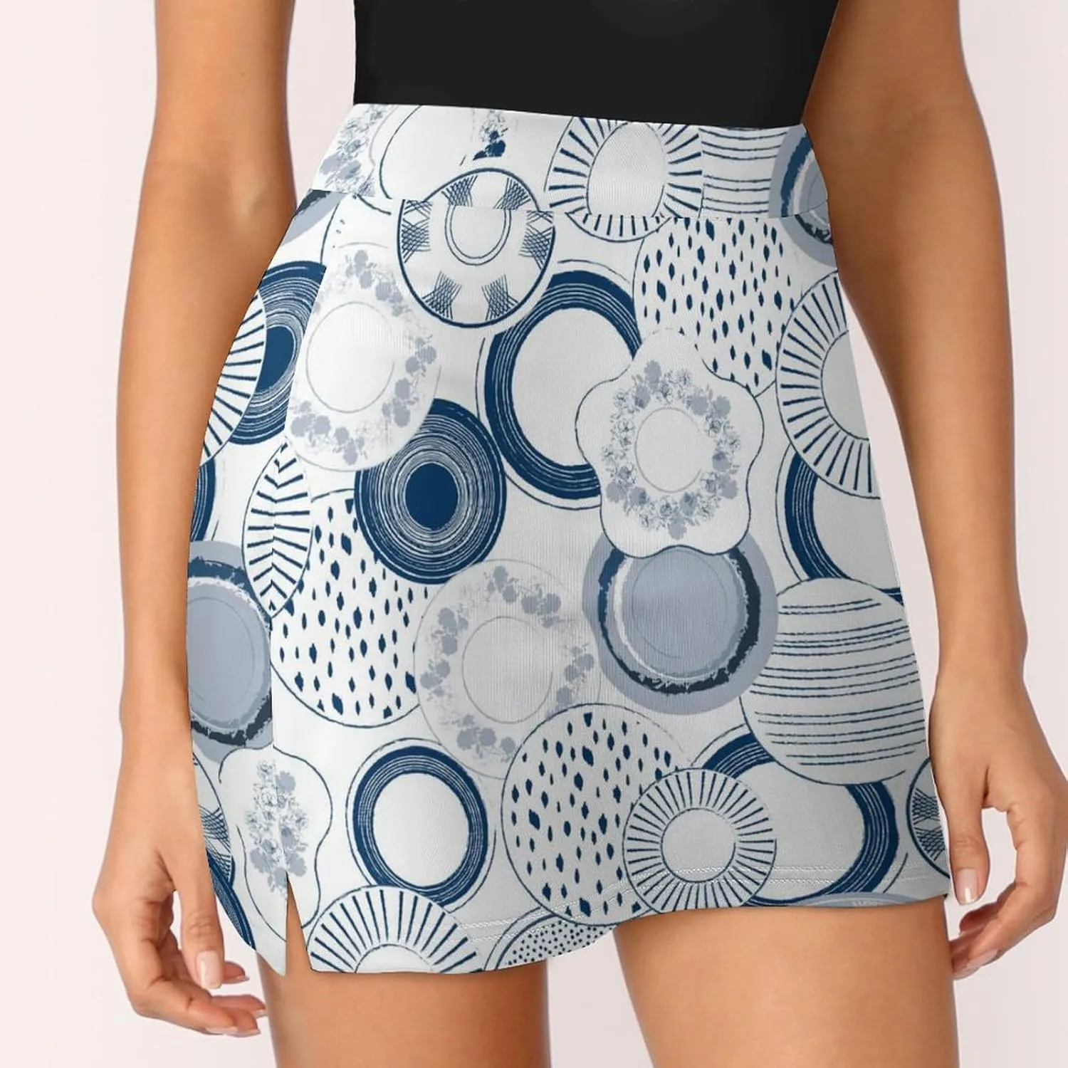 Blue and White Ceramic Porcelain Women's Mini Tennis Skirt with Shorts Underneath Athletic Workout Cute Skorts