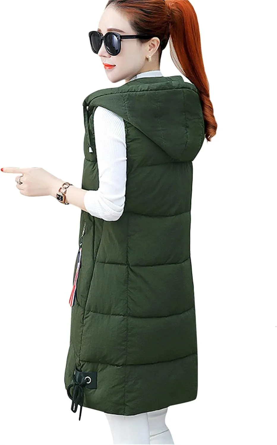 BOFETA Women's Long Cotton Padded Vest Zipper up Solid Color Quilted Puffer Hooded Vest Jackets with Pockets