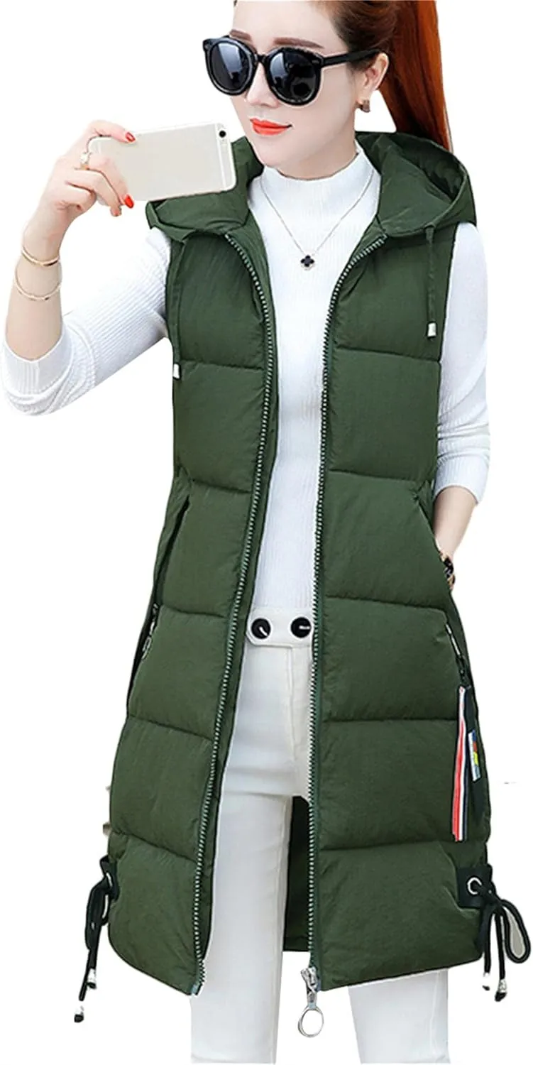 BOFETA Women's Long Cotton Padded Vest Zipper up Solid Color Quilted Puffer Hooded Vest Jackets with Pockets