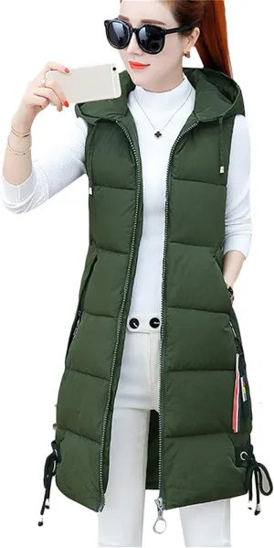 BOFETA Women's Long Cotton Padded Vest Zipper up Solid Color Quilted Puffer Hooded Vest Jackets with Pockets